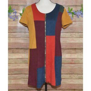 Cato Womens Faux Suede Multicolor Patchwork Full Zip Stretch Shift Dress L